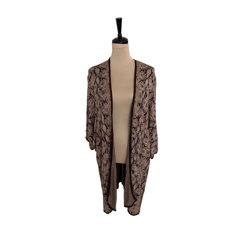 I Joah Women's Brown Snakeskin Print Open Front long Kimono Cardigan Large